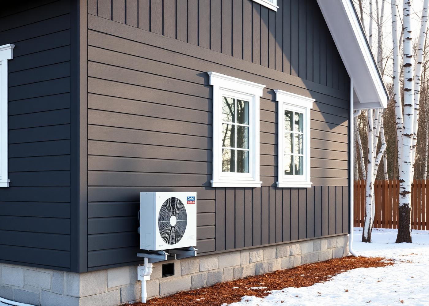 Modernt svenskt hus med luftvärmepump installerad på fasaden
